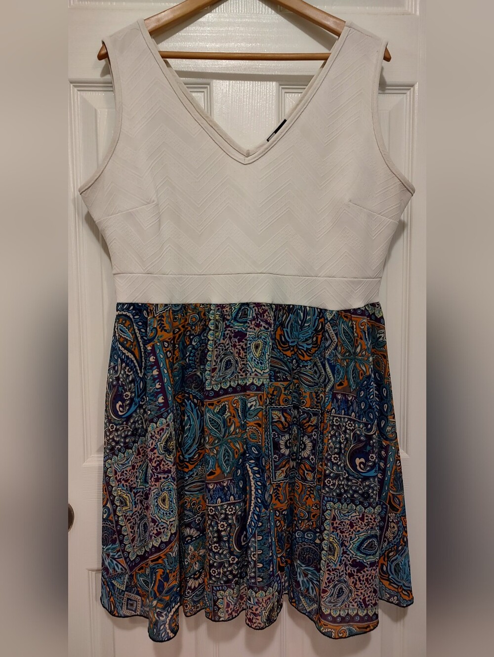 Vibe White Bodice Blue & Orange Paisley Skater Dress